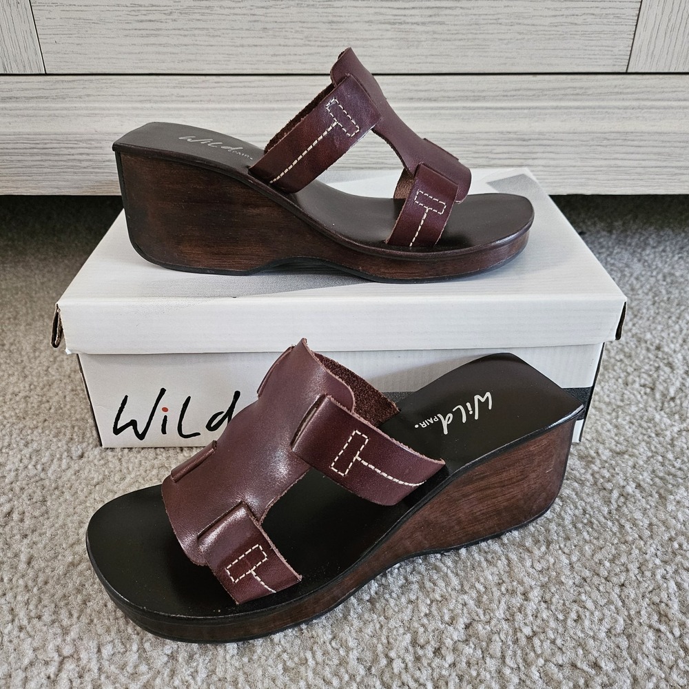 Wild Pair Brown Leather 3" Block Heel Jordan Clog Sandals Size 7 90s Y2k
